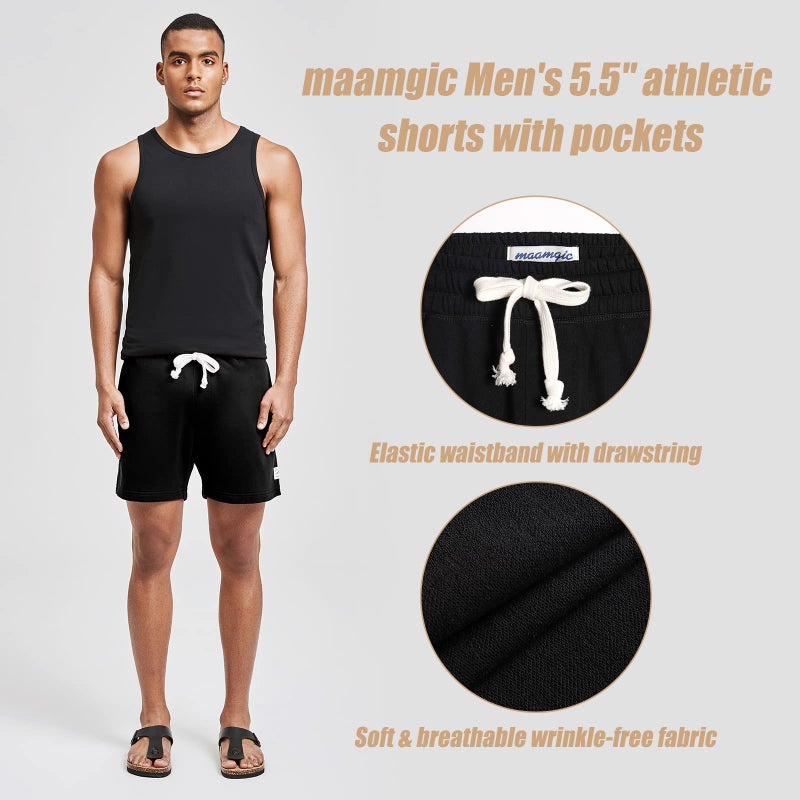 maamgic Mens Athletic Gym Shorts 5.5" Elastic Waist Casual Pajama Pocket Jogger Men Workout Short Pants Black Large - Image 5